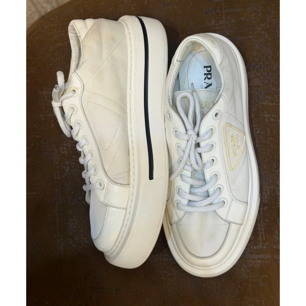 Prada Re-Nylon Platform Sneakers White Leather Low Top Trainers 2EG376 Mens 6